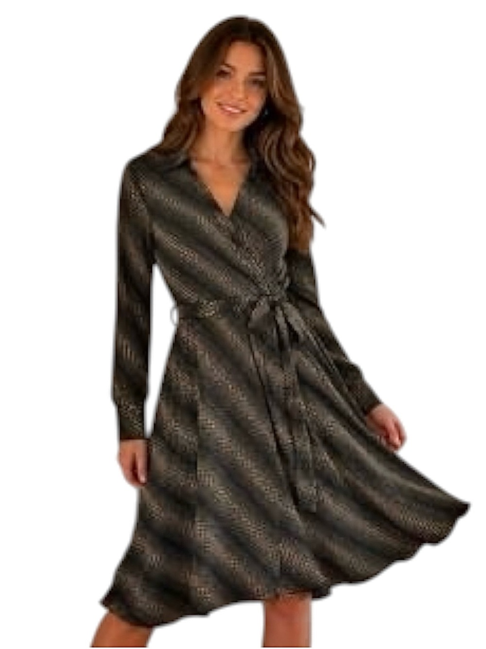 Express Black Patterned Long-Sleeve Wrap Dress with Tie Waist